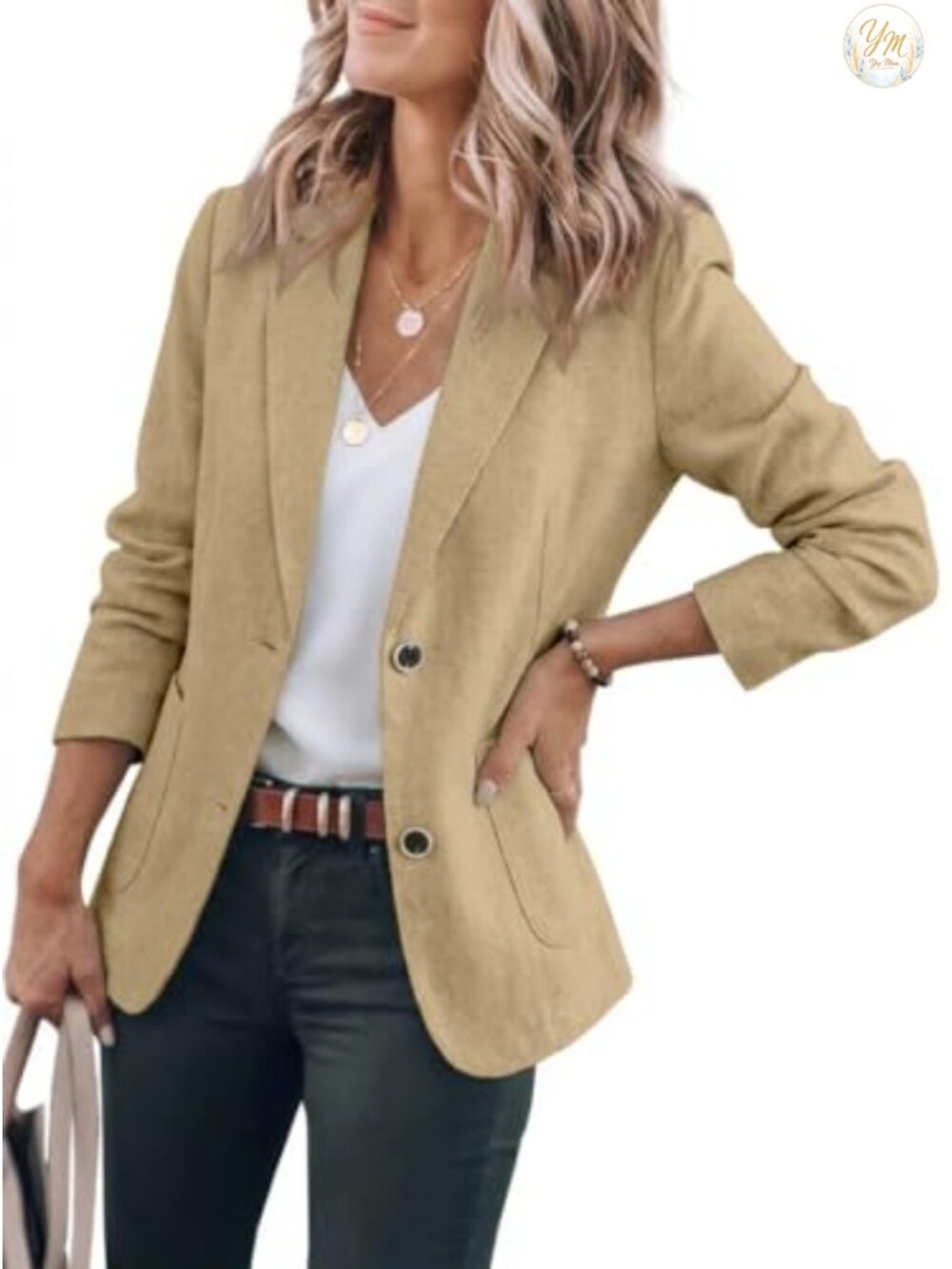 Womens Casual Cotton Linen Blazer Long Sleeve Notch Lapel Double Button